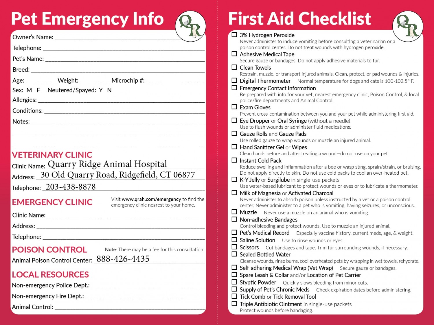 Pet Emergency Info Card and Pet First Aid Kit Checklist
